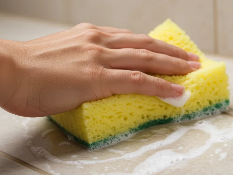 スポンジでタイルの掃除
