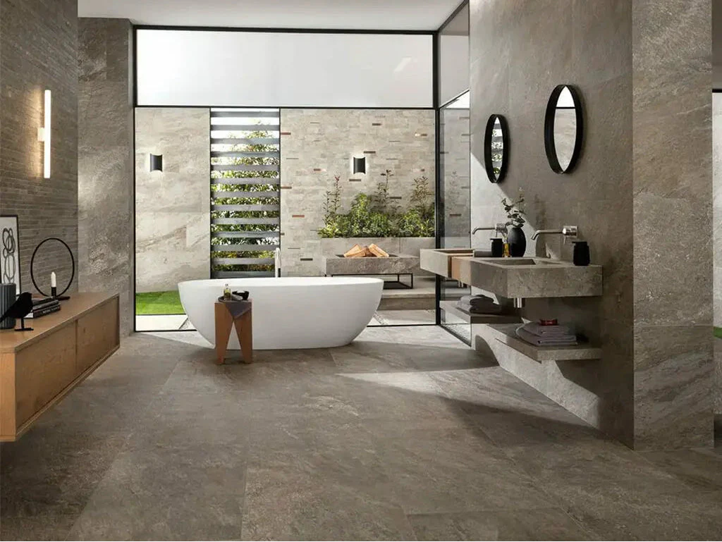 黒い床タイルで仕上げた浴室｜バスルームの施工事例